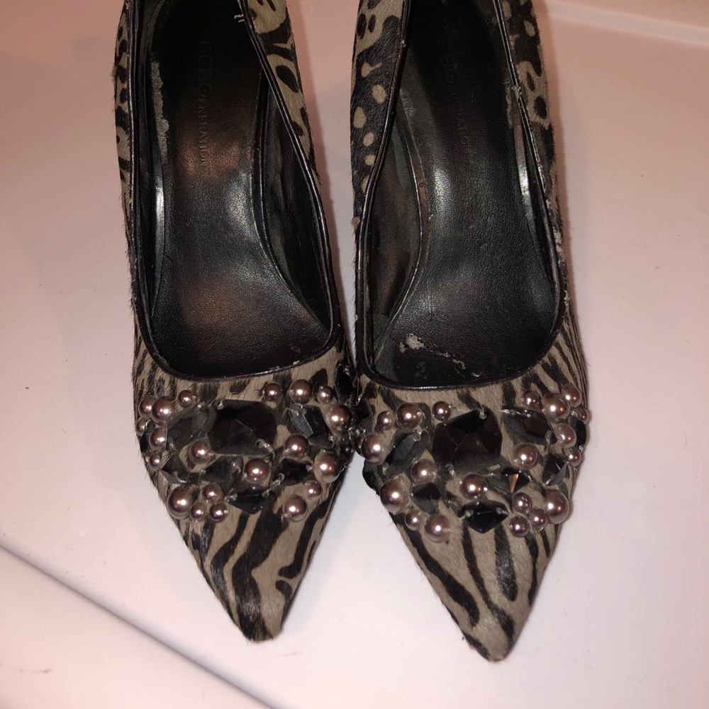 Black and gray patterned heels with jewels